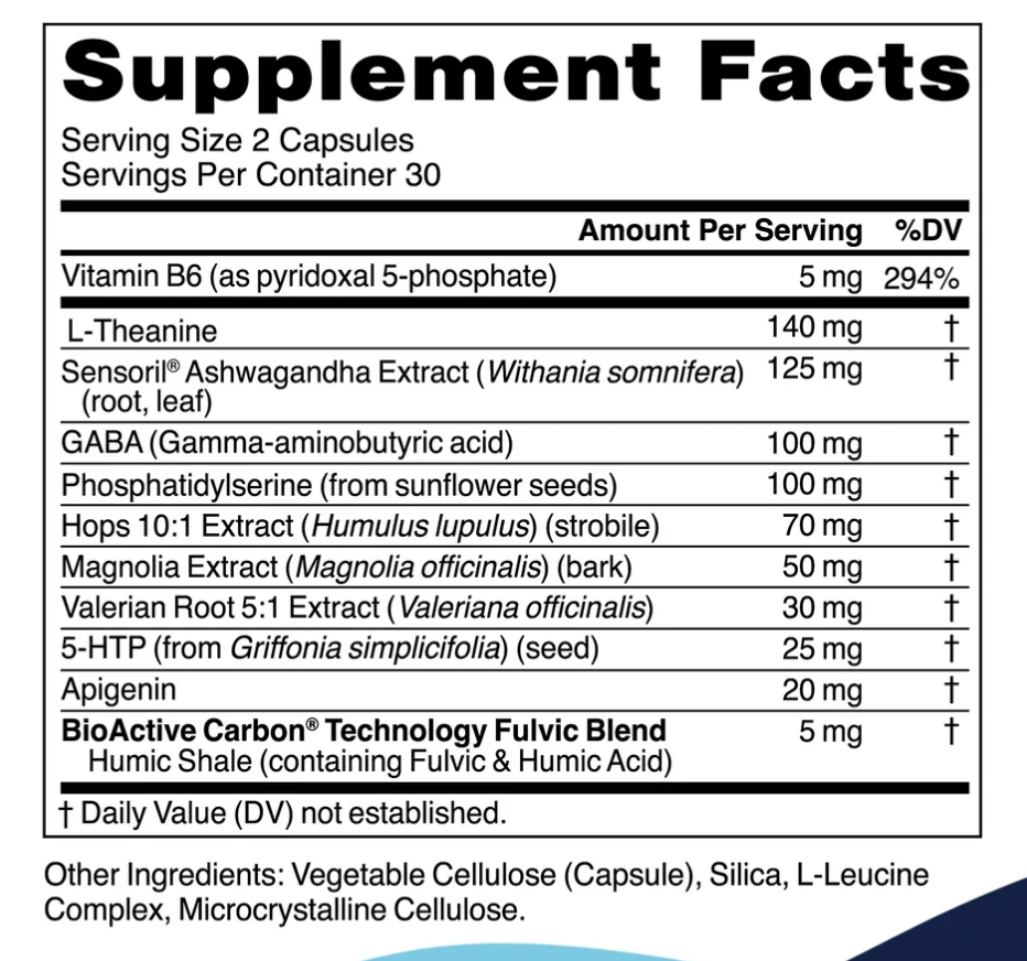CellCore Sleep Restore Supplement Facts panel, serving size 2 capsules, 30 servings per container